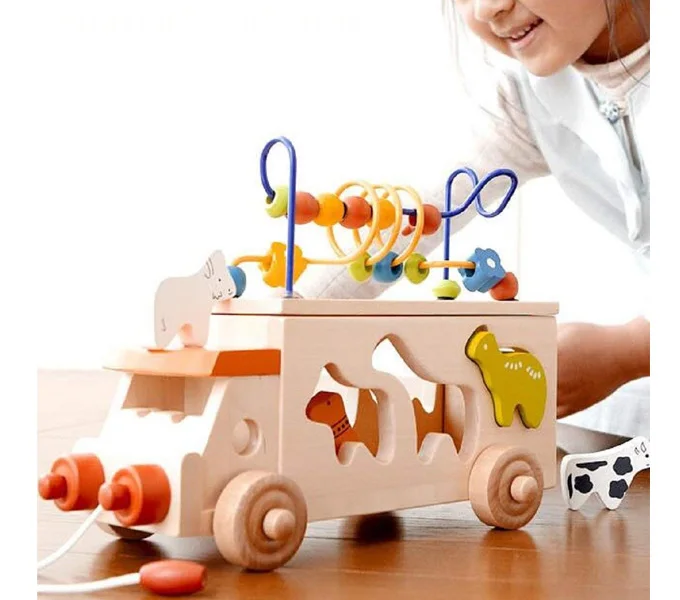 Многофункциональная игрушка-сортировщик с бусинами в форме животных, автобус, деревянный блок, лабиринт, развивающие игрушки для детей