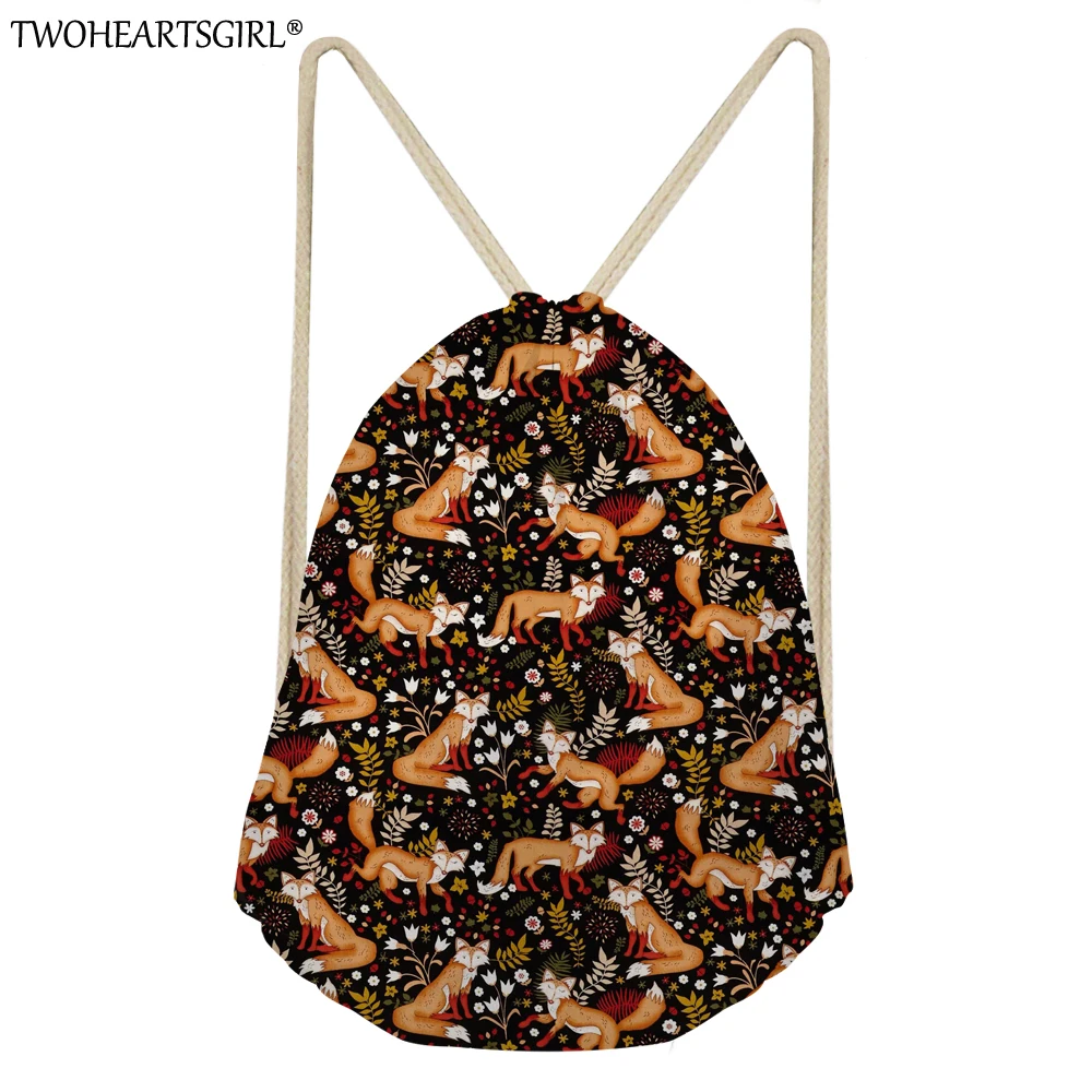 TWOHEARTSGIRL мультфильм Для женщин Drawstring Сумка Симпатичные Фокс шаблон Женский рюкзак на шнурке для девочек-подростков путешествия