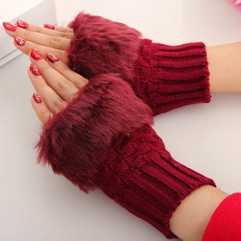 Fashion Winter Warm Knitted Imitation Rabbit Fur Fingerless Gloves