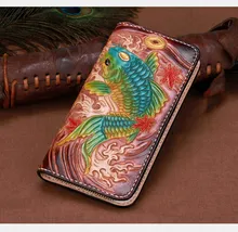 2017 Genuine Leather Wallets Carving Copper Coin Carp Zipper Bag Purses Women Long Clutch Vegetable Tanned Leather Wallet Gift handmade genuine leather wave wallets carving auspicious clouds bag purses women men long clutch vegetable tanned leather wallet