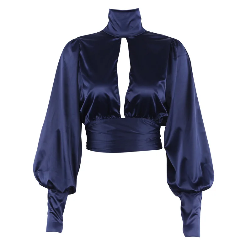 Весна, винтажная очень сексуальная сатиновая блузка с открытой спиной, стильная водолазка с низким вырезом, много способов ношения, облегающая женская рубашка - Цвет: Dark Blue