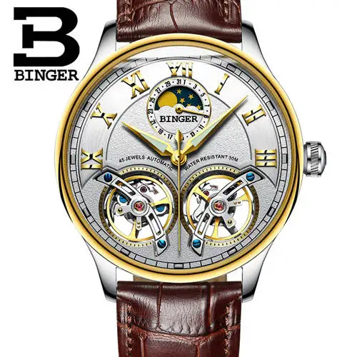 Двойной Tourbillon, швейцарские мужские часы, BINGER, оригинальные автоматические часы, мужские Модные механические наручные часы, кожаные часы - Цвет: Gold white B8606B br