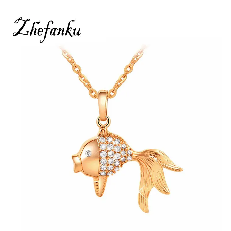 2017 Women Crystal Gold Color Fish Style Pendant Necklaces Lovely Austrian Link Chain font b Jewelry