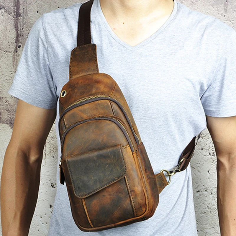 Crazy Horse Cowhide font b Men b font Sling Backpack font b Shoulder b font Rucksack