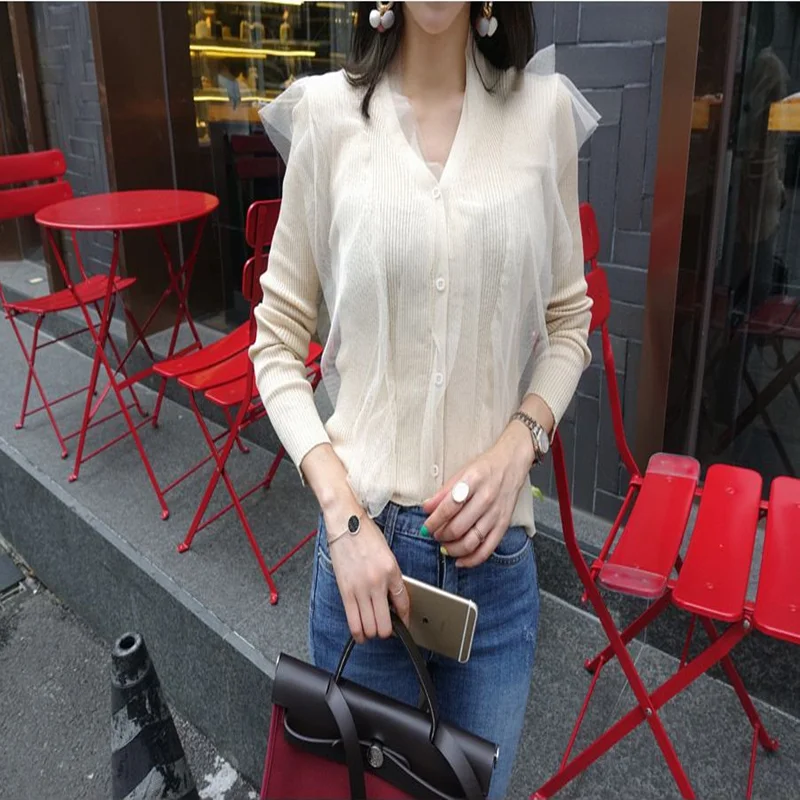 

Women Knitted Mesh Sweaters Long Sleeve V Neck Single Breasted Ladies Woman Casual Sweater Tops