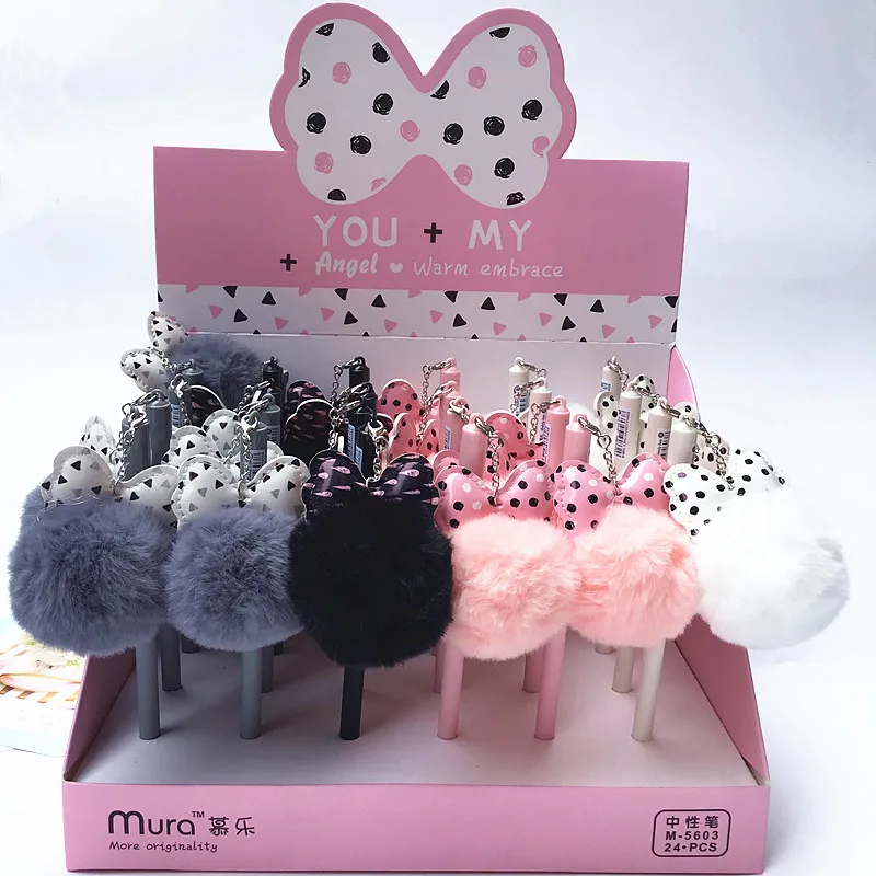 

24pcs Cute Gel Pens Colored Ink Bow hair ball Kawaii Ballpoint School Canetas Boligrafos Gift Stationery Office Supply 0.5mm