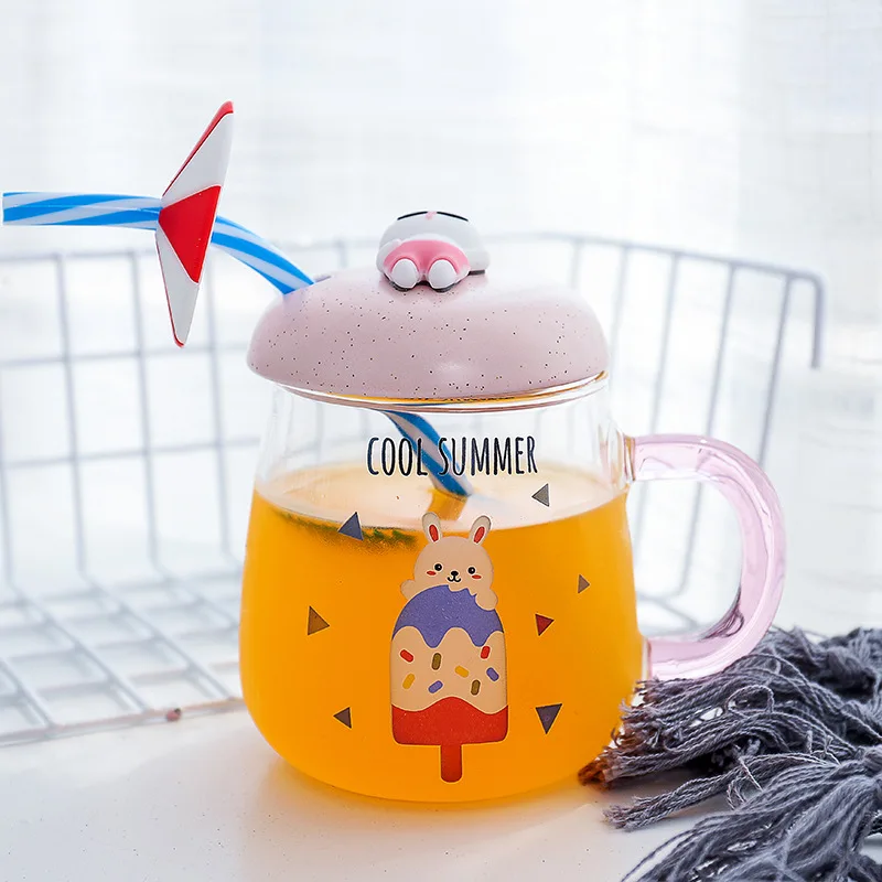 Creative 3D Cartoon Deisgn Beach Cover Glass with Straw and Cover for Children's Gift Have Fun Juice Glass Milk Cups - Цвет: Pink