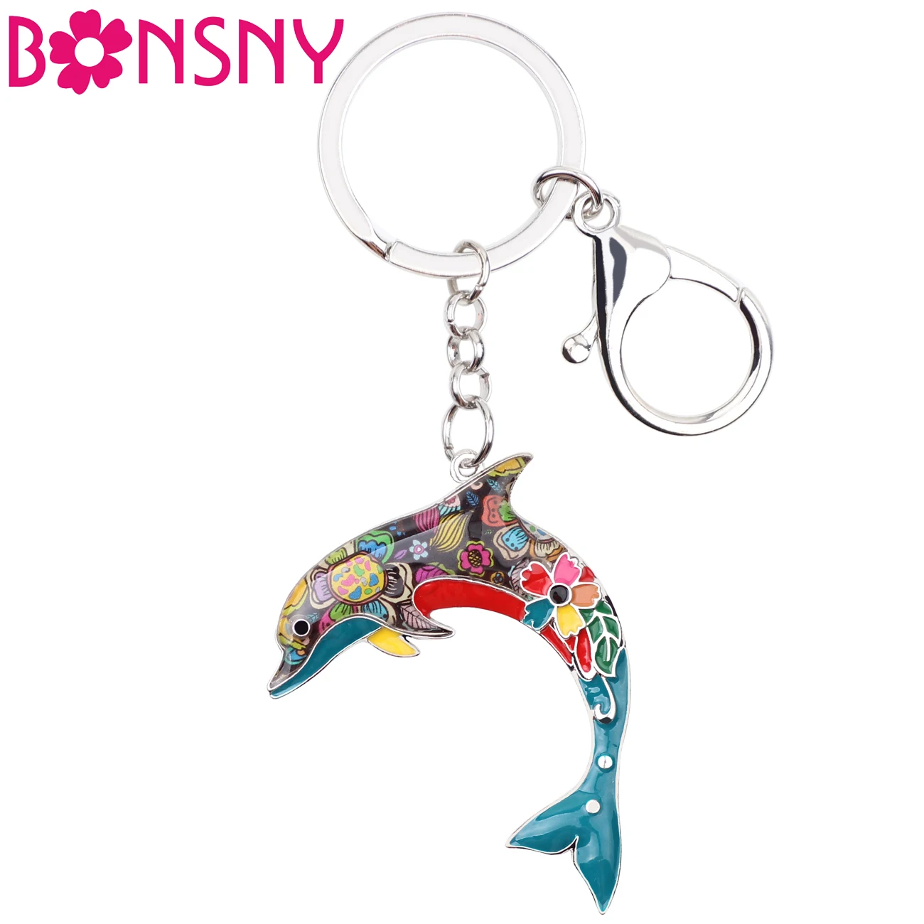 

Bonsny Enamel Metal Statement Dolphin Key Chain Ring For Women Handbag Charm Key Holder New Ocean Animal Jewelry Accessories
