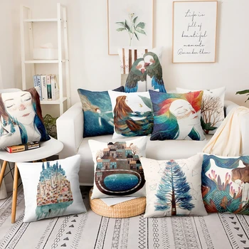 

Nordic Simple Cartoon Illustration Pillowcase Mermaid Thin Linen Cushion Decorative Pillows Home Decor Sofa Throw Pillow 45*45cm