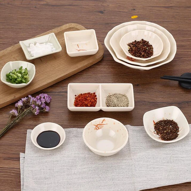 중국 인기 판매 멜라민 라운드 직사각형 디핑 소스 요리, 저렴한 플라스틱 스시 와사비 간장 접시, 로고 포함