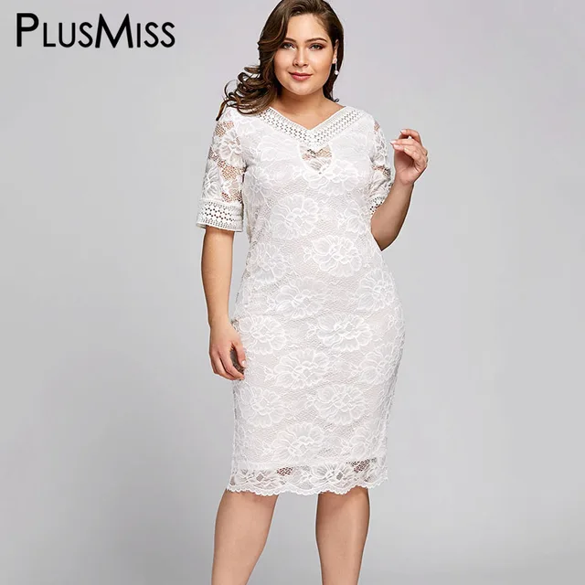 plusmiss plus size 5xl white lace crochet midi dress women clothing white plus size party dress