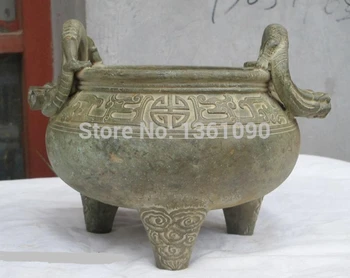 

xd 001276 9.5"China bronze hand-carved Two Dragons incense burner censer thurible