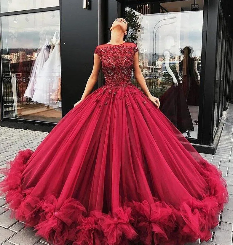 Abiye бургундское красное пышное платье для выпускного вечера бальные платья с аппликацией из бисера 3D цветок длинное фатиновое торжественное вечерние платье Robe De Soiree - Цвет: Красный