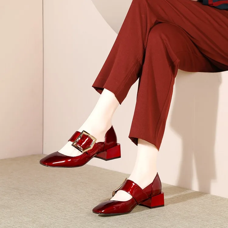 

zorssar 2019 women pumps autumn spring Cow leather Mary Janes red color buckle strap square toe low heel lady shoes size 40