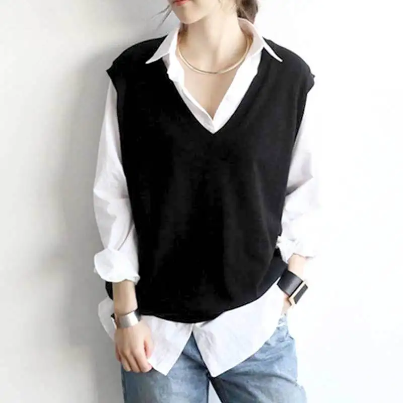 

Knit Sweater Women Black V Collar Vest Sleeveless Sweater Loose Casual Pullover