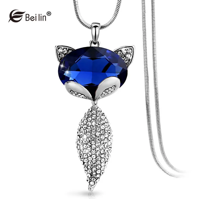 

Women Sweater Chain Long Necklace Gray/Blue Crystal Fox Animal Pendant Necklace Fashion Jewelry Collares Mujer (AF820005)
