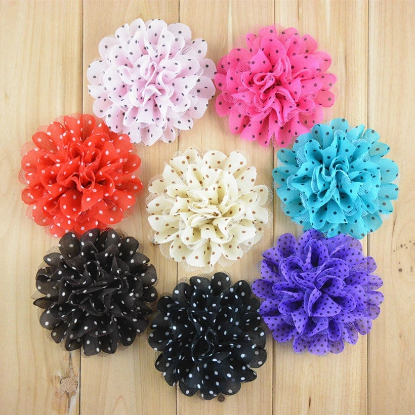 水玉模様のシフォンレースの花120ピース-ロット39-ヘアクリップなしヘッドバンド用の花のコサージュ生地の花