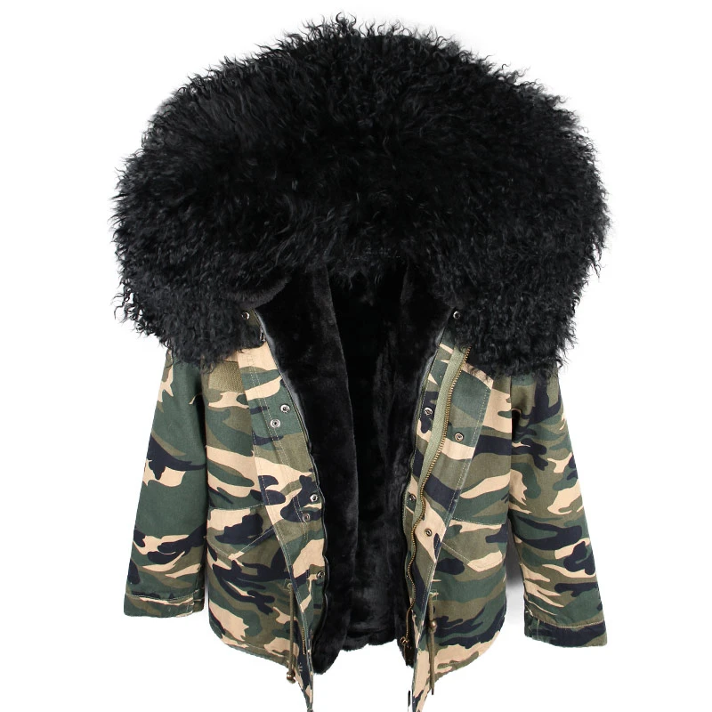 Parka Real Fur Coat Winter Jacket Women Real Mongolia Sheep Fur Parkas Thick Warm Luxury Detachable Outerwear Streetwear - Цвет: camo black