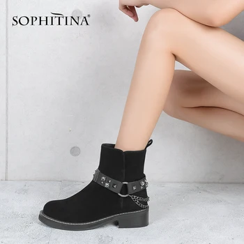 

SOPHITINA Women Ankle Boots New Fashion Kid Suede Retro Round Toe Solid Boots Winter Warm Motorcycle Boots Metal Chain Boots M11