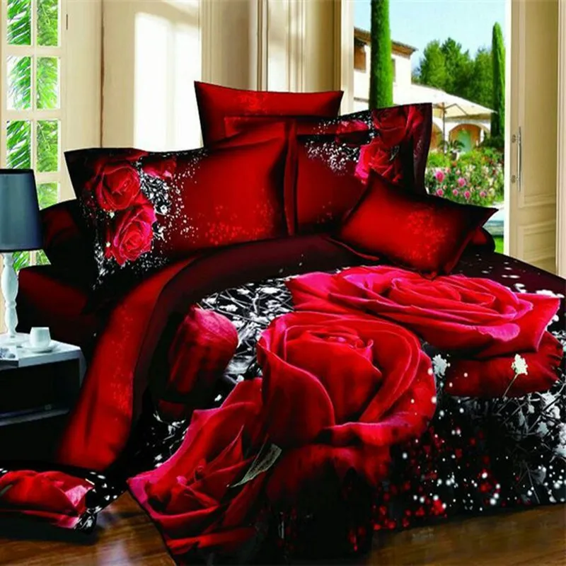 

Comforter Bedding Sets Double Bed Sheets Duvet Cover Sanding 3D Scenic Rose Flowers Pattern funda edredon 3d housse de couette F