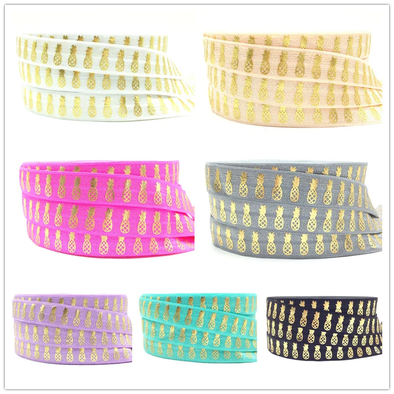 

10 yards/lot Good Quality Pineapple Print Fold Over Elastic 5/8" Gold Foil FOE Elastic Ribbon for Hair Tie Hair Accessories