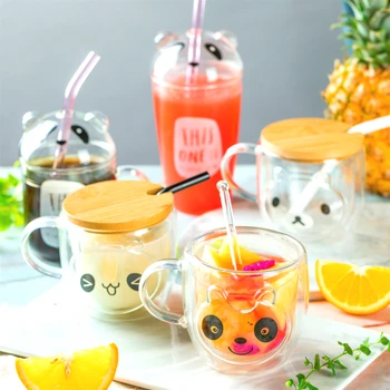 

300ML Cute Bear Milk Mug Double Glass Coffee Cup with Handle Straw Animal Juice cups and mugs