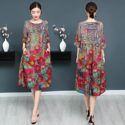 Elegant Temperament Printing Women Dress 2018 New Summer High End Half Sleeve Classic Round Collar Silk Loose Thin Lady Dresses Elegant Temperament Printing Women Dress 2018 New Summer High End Half Sleeve Classic Round Collar Silk Loose Thin Lady Dresses