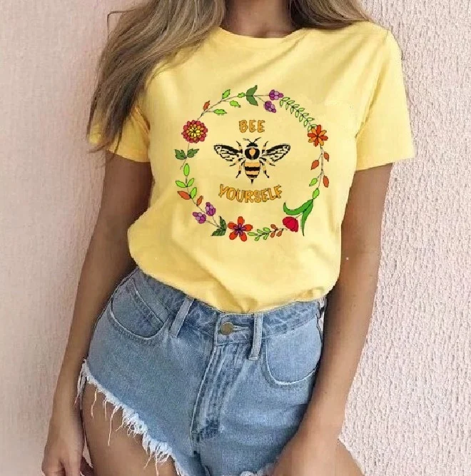 

Fashionshow-JF 1pcs Bee Yourself Summer Short Sleeve T-Shirt Colorful Save the Bees Protect the Environment Vegan T Shirt