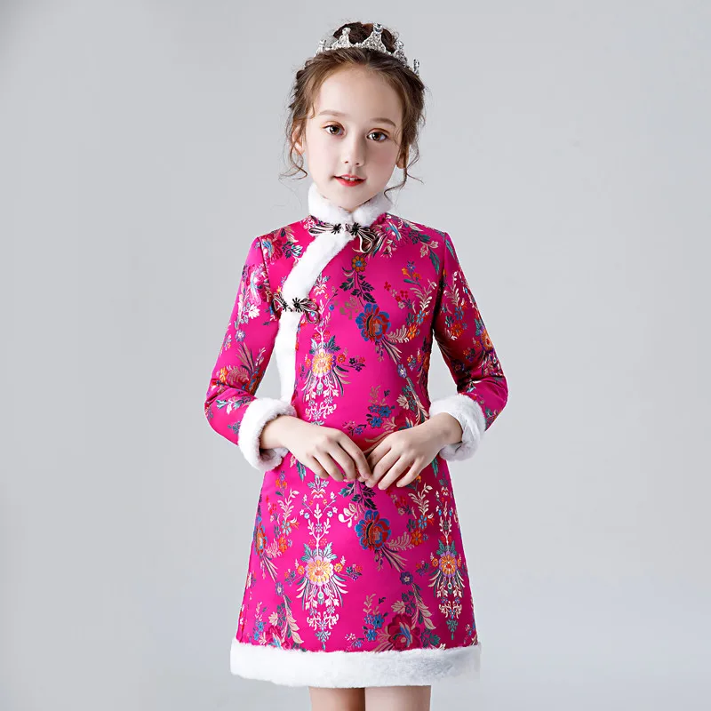 

Winter Warm Girls Children Embroidery Cheongsam Birthday Party Dress Chinese Wind New Year Costume Long Sleeves Qipao Dress