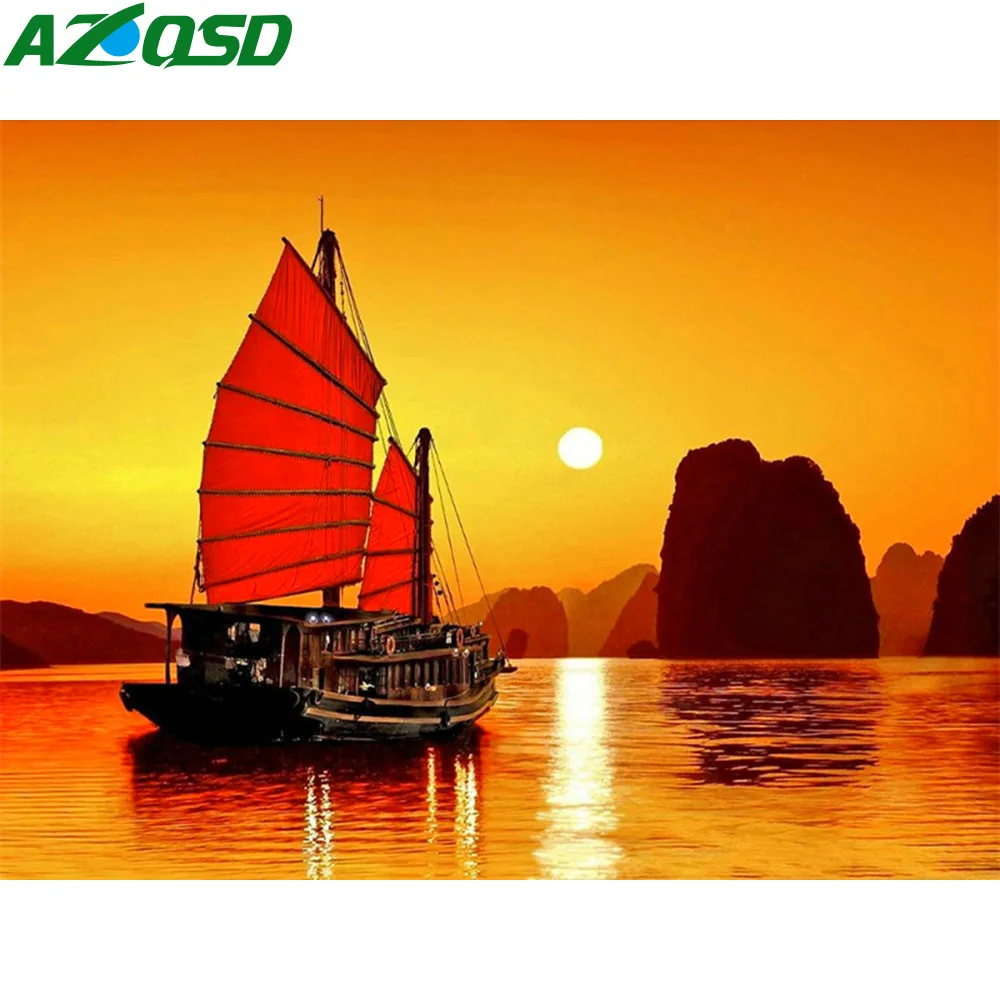 

AZQSD Diamond Painting Boat Scenery Cross Stitch Needlework Ship 5D DIY Diamond Embroidery Home Decoration Diamond Mosaic Gift