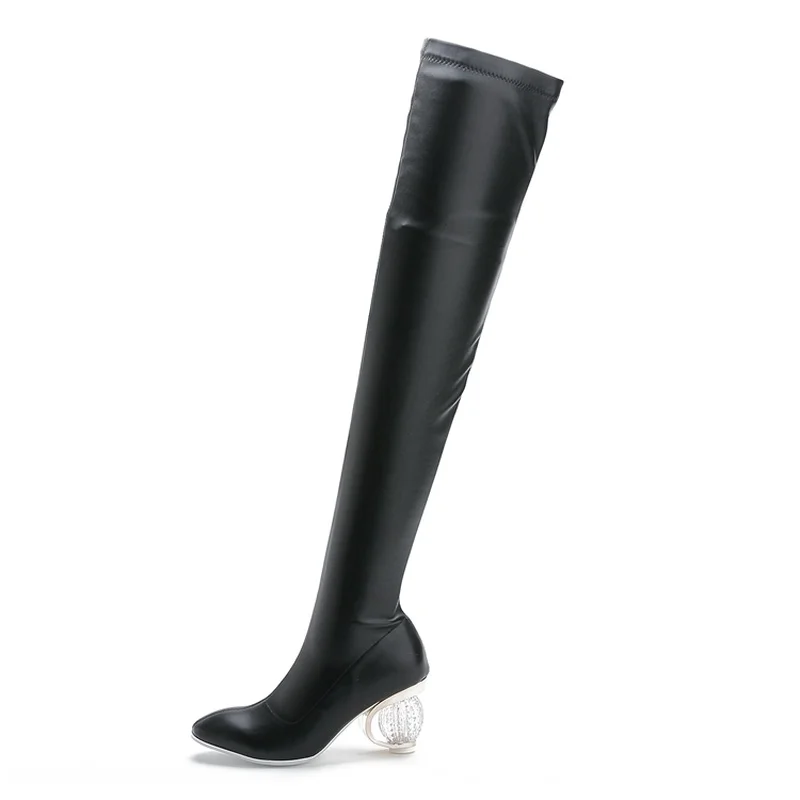 

US4-11 Womens Over Knee Thigh Boots Genuine Leather Crystal Strange Ball Heel Shoes Pull On Plus Size Black A989