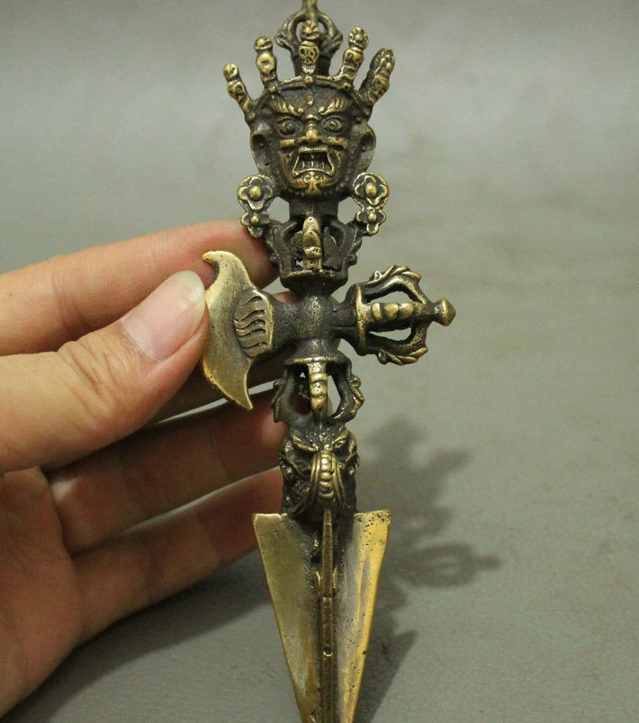 

free shipping Tibet Bronze Copper Buddhism Mahakala Head Wrathful Deity Phurba Dagger Holder