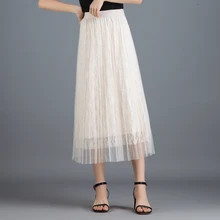 WKOUD кружево бисер перламутровые юбки для женщин средней длины Высокая талия плиссированная летняя юбка повседневные низ элегантные юбки DK6057