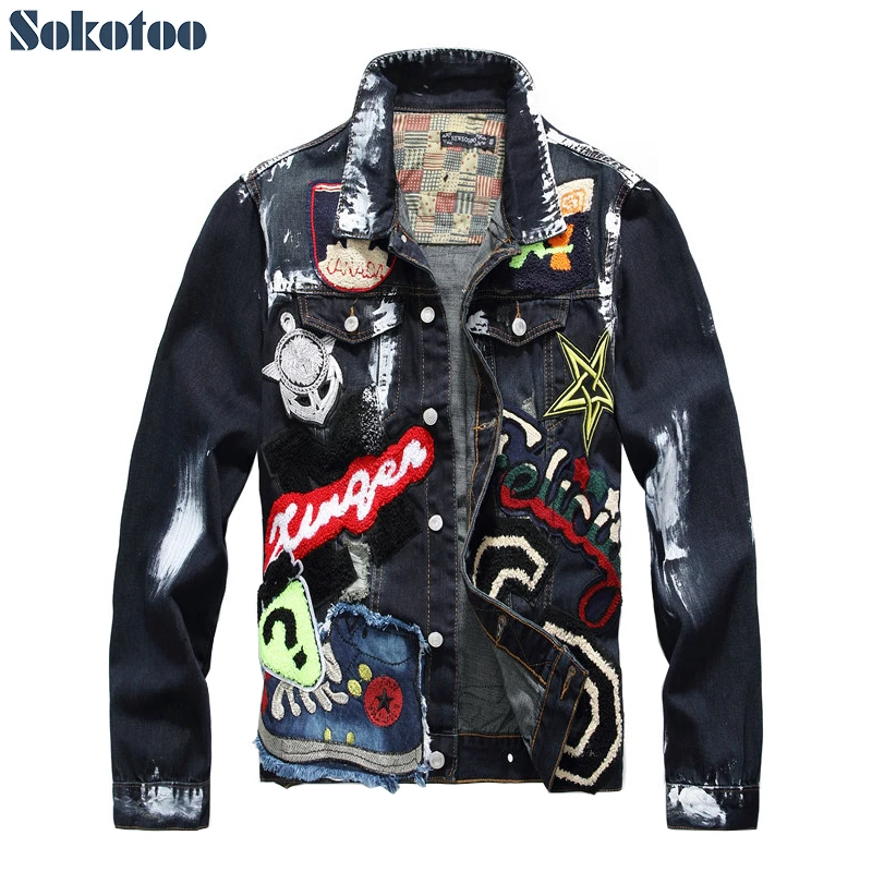 Sokotoo Parches de insignia para hombre, vaquera pintada azul y negro, retales de belleza a la moda, abrigo de manga larga, prendas de vestir exteriores|Chaquetas| - AliExpress
