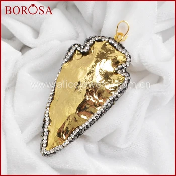 

BOROSA 5pcs/lot Druzy Large Full Gold Color Natural Gems Arrowhead Pendant Bead Paved Zircon JAB254 Drusy jewelry
