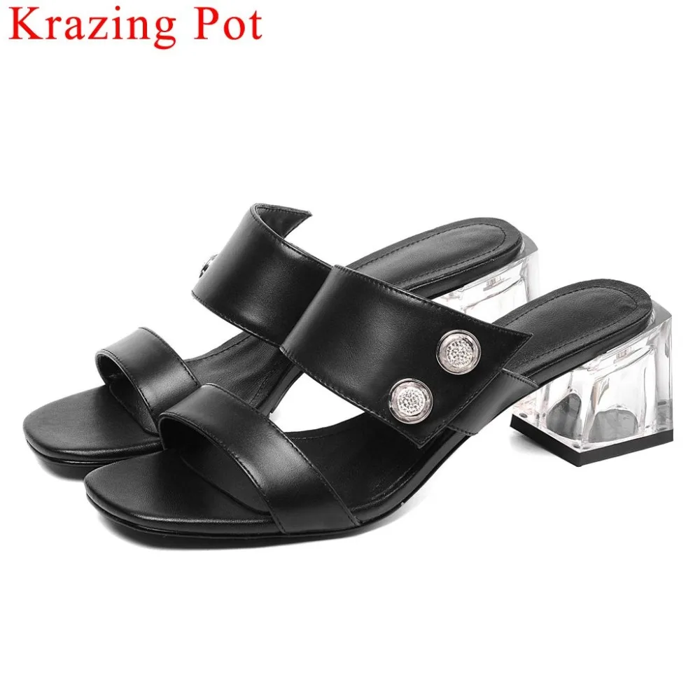 

Krazing Pot new arrival sheep leather slip on mules chunky heels peep square toe crystal decoration fashion leisure sandals L13