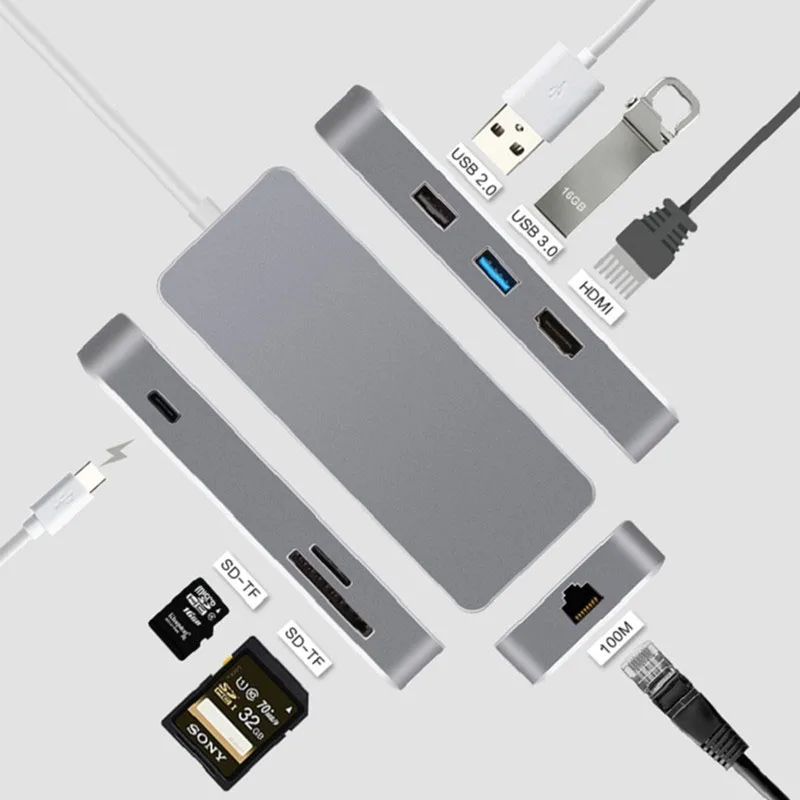 Тип C концентратор 7 в 1 HDMI адаптер мультимедийные Интерфейс USB3.0 Hub Ethernet RJ45 Порты и разъёмы HD видео конвертер SD TF Картридер для Mac