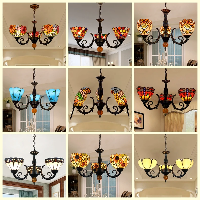 Tiffany Baroque Stained Glass Suspended Luminaire E27 LED Iron Chain Pendant Light Lighting Lamp for Home Parlor Dining Room | Лампы и