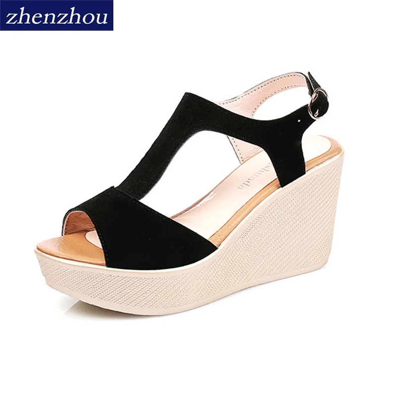 

Free shipping shoes wowen 2018 new style summer fashion Fish mouth platform Slope with buckle strap flock Casual women's shoes