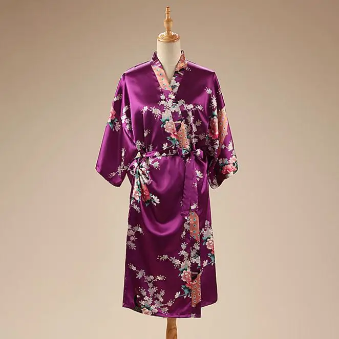 

Peacock&Flower Vintage Kimono Bath Gown Chinese Women's Sexy Satin Rayon Nightgown Summer Casual Sexy Sleepwear One Size BR119