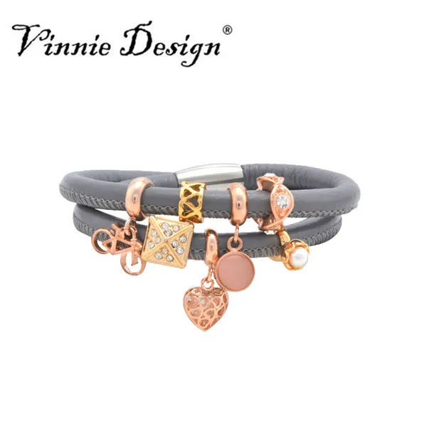 40cm Double Grey Leather Bracelet with 7pcs Endless Charms for Women Fashion Jewelry