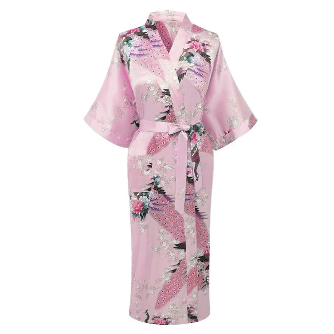 White Summer Women's Kimono Robe Bathrobe Sleepwear Rayon Bath Gown Nightgown Pyjamas Mujer Pijama Size S M L XL XXL XXXL 029 - Цвет: Розовый