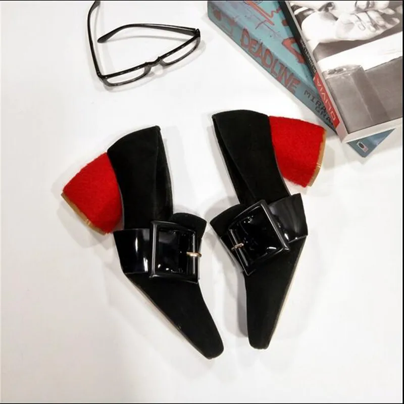

Choudory 2017 New Designer Leather Women Pumps Belt Buckle Suede Leather Runway Red Chunky Heels Party Wedding Dress Shoes Woman