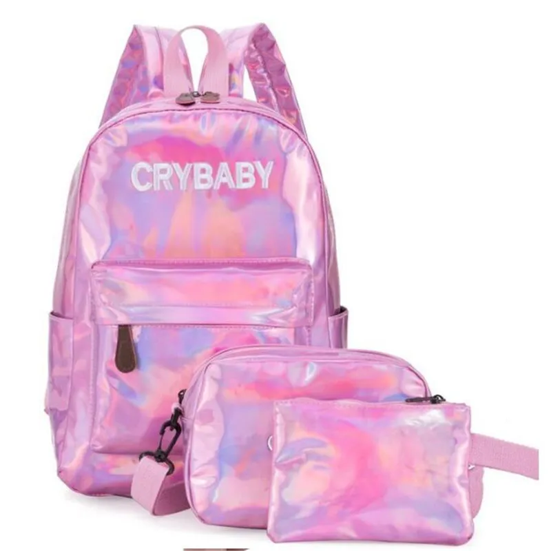 Bolsa de Escola + Bolsas de Ombro Holográfico Laser Mochila Bordado Crybaby Letras Holograma Conjunto 3 Pçs - Set 2020 8 Cheap Mochilas