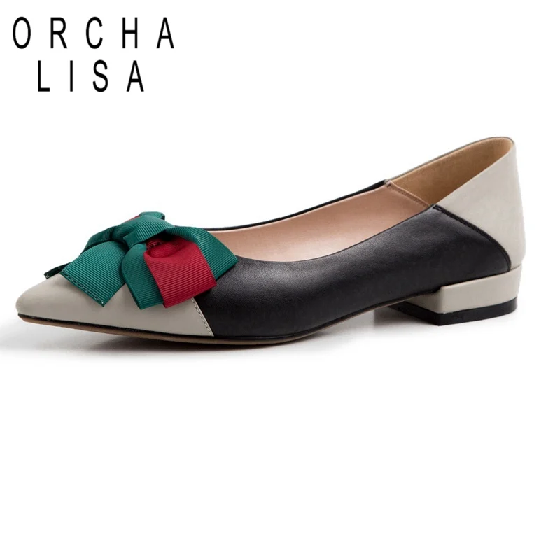 

ORCHA LISA Full Genuine leather Flats black beige bowtie knot Shoes Women Ladies Shallow ballet shoes slip on loafers Zapatos