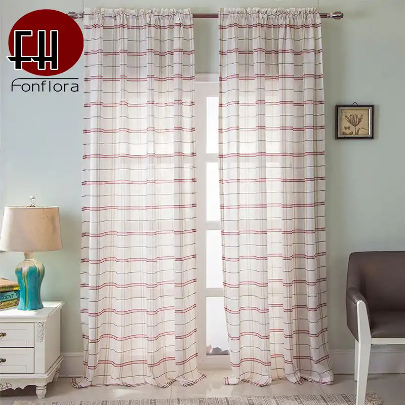 Striped Red Blue Plaid Tulle Curtains For Living Room Bedroom