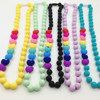 

hot BPA free Silicone Teething Necklace with heart beads baby chew Nursing necklace wholesale silicone necklace teether