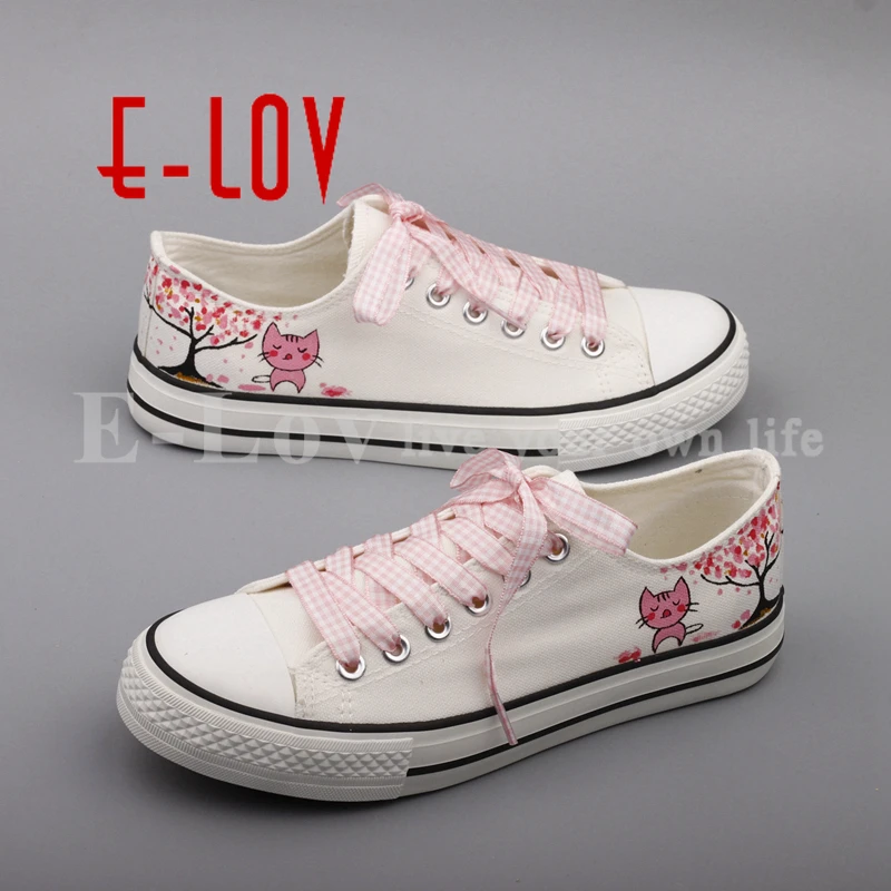 

E-LOV Newest Fashion Graffiti Cats Flat Shoes Hand Drawing Animal Cat Casual Canvas Shoes For Women Couples zapatos mujer