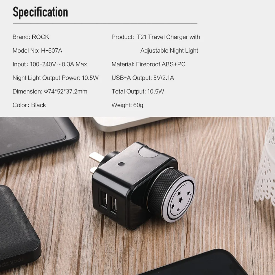 ROCK T21 Smart USB зарядное устройство с регулируемым ночным светильник зарядное устройство для путешествий 2 порта для iphone huawei зарядный адаптер US Mobile Plug