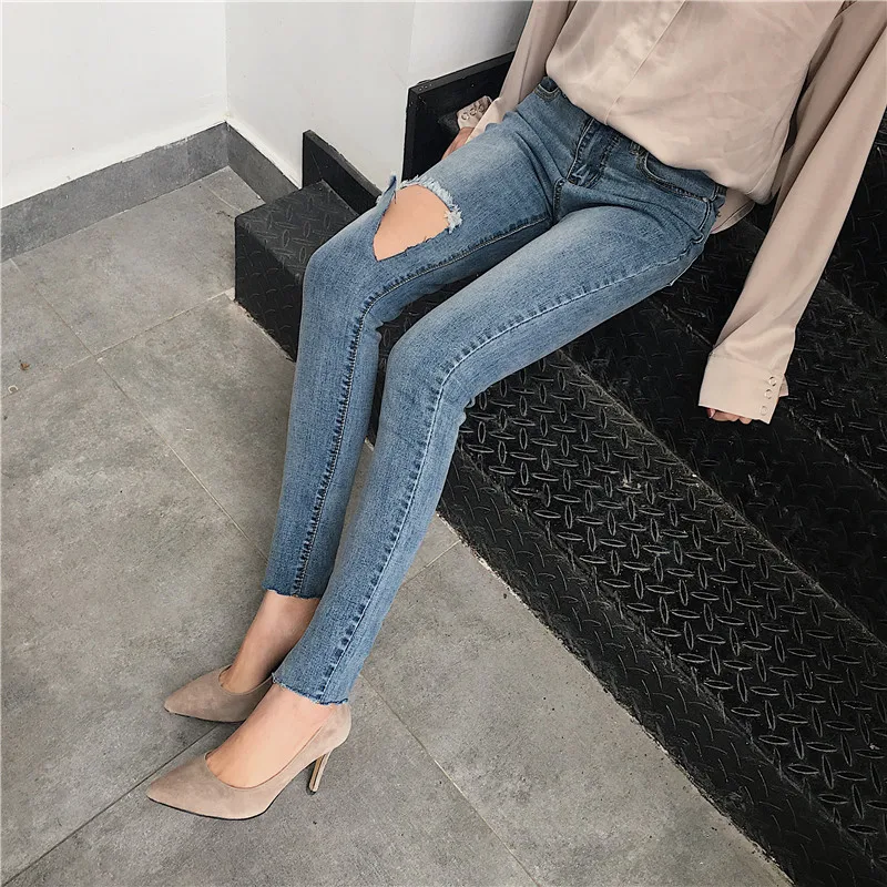 Для женщин Boyfriend Denim Винтаж отверстие Рваные джинсы sexy Высокий эластичный пояс Повседневное брюки женские, тонкие узкие женские